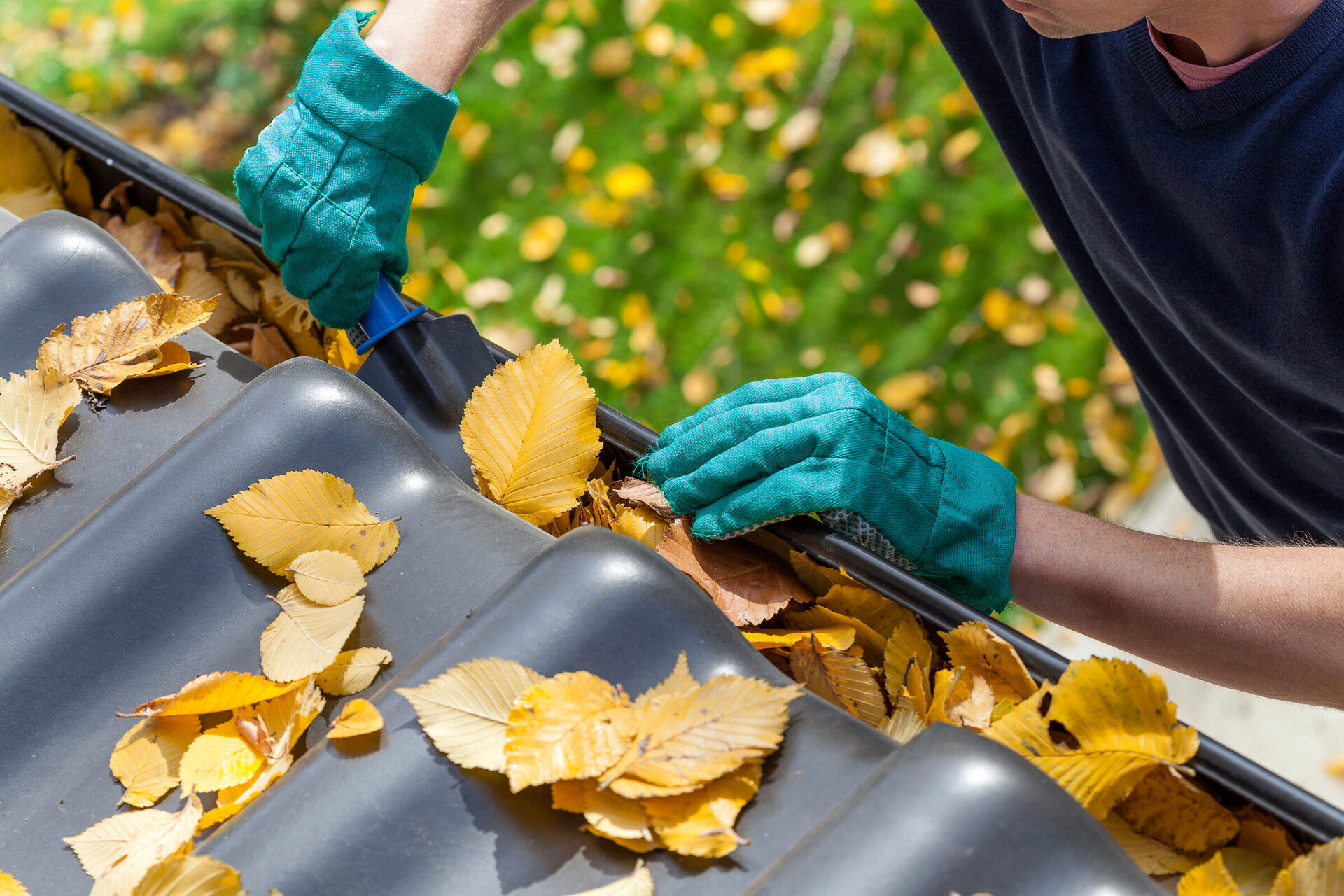Technician removing leaves and debris from residential gutters